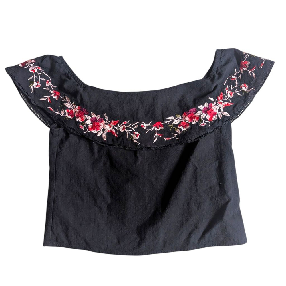 Lucy Paris | Linen-blend Floral Embroidered Off-The-Shoulder Top L Boho Peasant